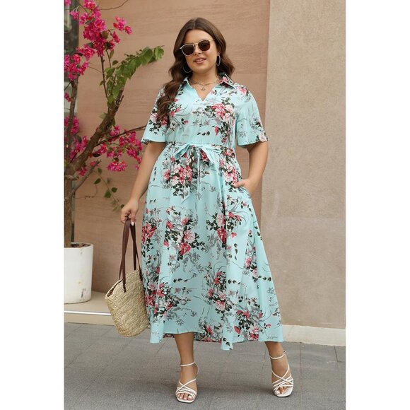 Plus Size Wedding Guest Dress Floral Maxi 3/4 Sleeve Pockets V-Neck - Picture 5 of 7